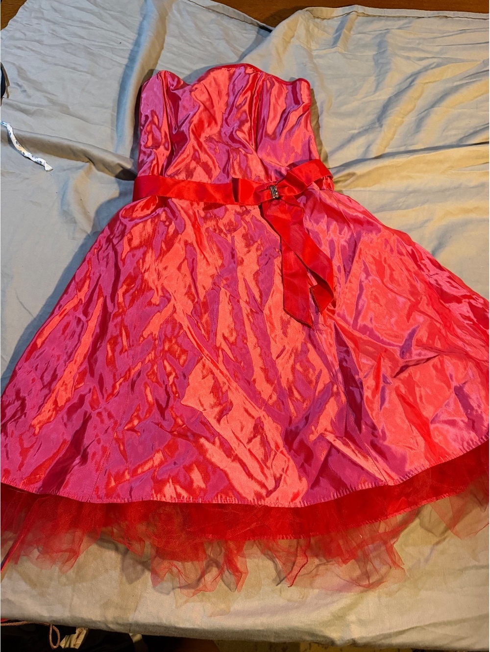 Strapless Pink and Red Party Dress with Ribbon Detail